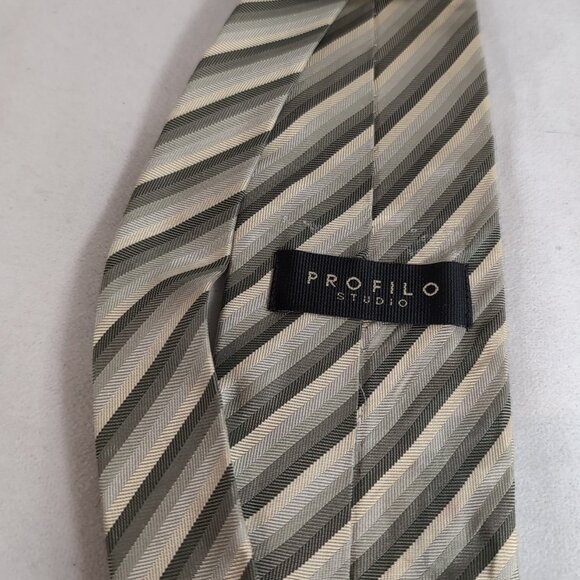 Profilo Studio 100% Silk Tie Men's Neck Diagonal Striped Silver Grey Yellow Gold - Picture 4 of 10